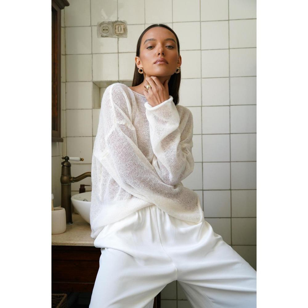 Трансграничная футболка с вырезами Новая женская перспективная тонкая трикотажная футболка с большим круглым вырезом и рукавами-фонариками