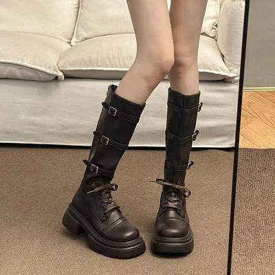 Мода Фея Ветер Толстый Каблук Пряжка Ремень Тонкие Сапоги Женские 2025 Осень Новые Толстая Подошва Майяр Коленные Сапоги