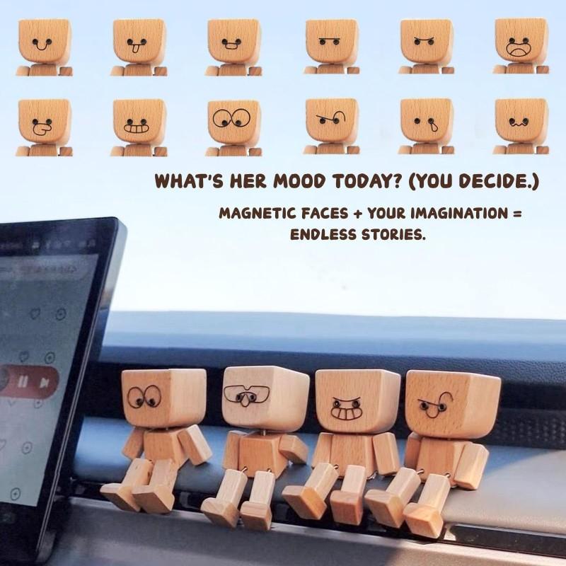 Деревянная фигурка трясущегося человечка ручной работы, трясущиеся ноги, деревянные украшения на приборную панель автомобиля, с 12 шт. магнитных выражений, креативные подарки