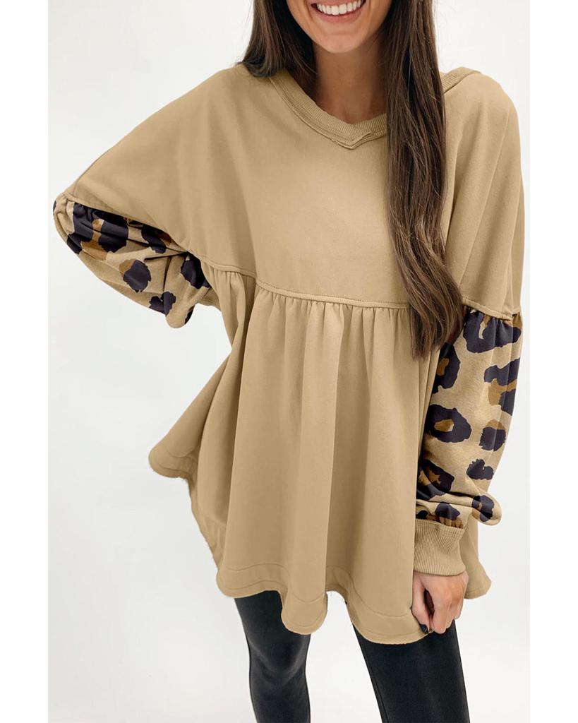 Azura Exchange Khaki Leopard Splicing Sleeve Ruffle Loose Sweatshirt