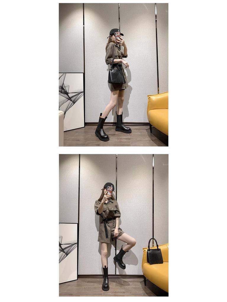 Mona Height-Boosting Women's Mid-Calf Chelsea Boots - British Style, Thick-Soled, Plus Velvet