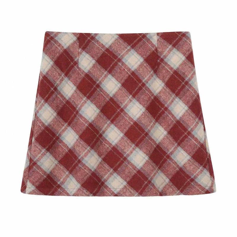 Женская мини-юбка в клетку из смесовой шерсти с завышенной талией в стиле ретро 2025 - Маленькая облегающая А-силуэта для осени/зимы