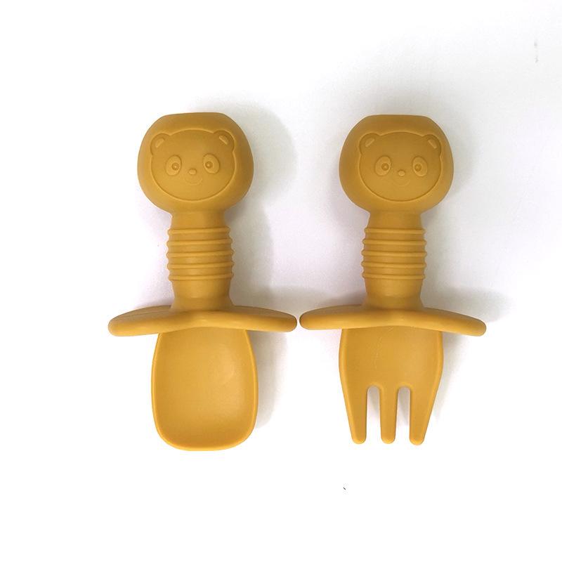 Cartoon Little Bear Silicone Fork and Spoon Set for Children's Eating Training