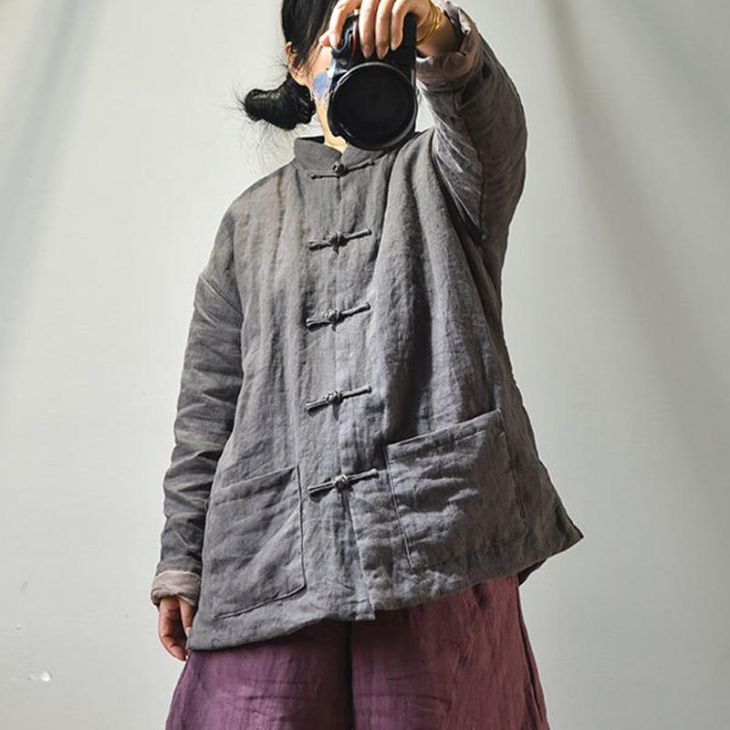 Johnature Женские парки в китайском стиле с пуговицами-стойками, однотонные карманы, осень-зима