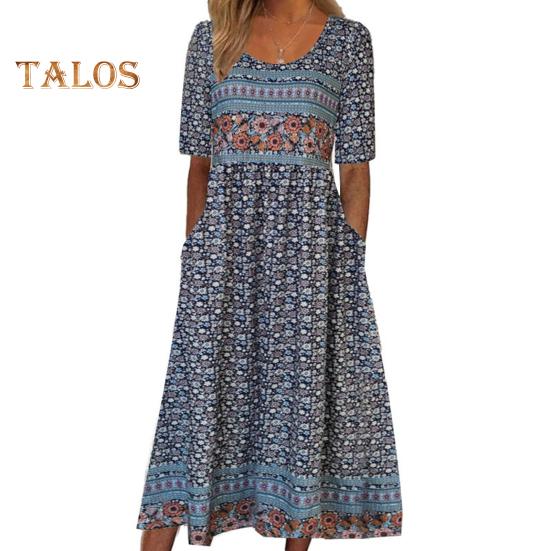 Летнее женское платье Плиссированное этническое платье с принтом А-силуэта Свободный подол Боковые карманы Круглая шея Мягкие богемные короткие рукава До середины икры Женские повседневные миди