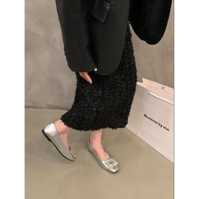 Фея в юбке туфли на плоской подошве с квадратным носком французский темперамент стразы серебристые туфли Мэри Джейн женские 2025 осенние новые модели