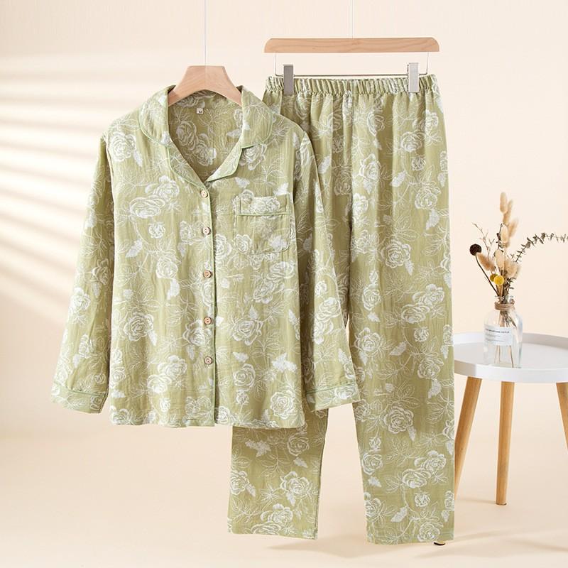 Womens Cotton Loungewear Set Long Sleeve Top Pants Home Sleepwear