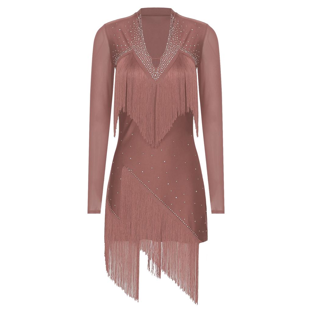 Женское платье для латинских танцев с V-образным вырезом и длинным рукавом, блестящая бахрома из страз, костюм для выступлений в стиле танго, румба, ча-ча-ча