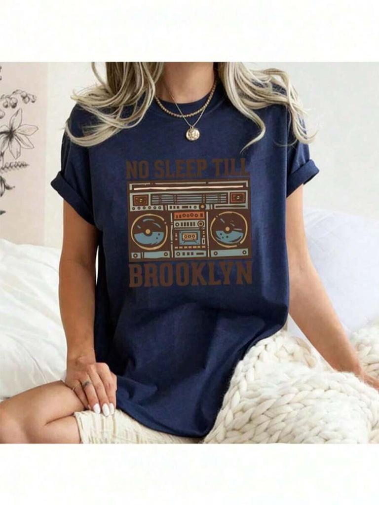 Vintage No Sleep Till Brooklyn Boombox Print T-Shirt For Music Lovers Casual Streetwear Tee