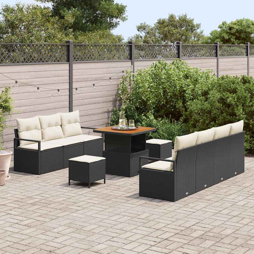 10 Piece Black Poly Rattan Garden Sofa Set with Cushions