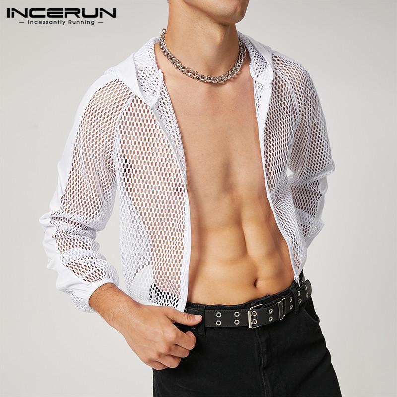 INCERUN Летние мужские прозрачные укороченные топы в сетку с капюшоном