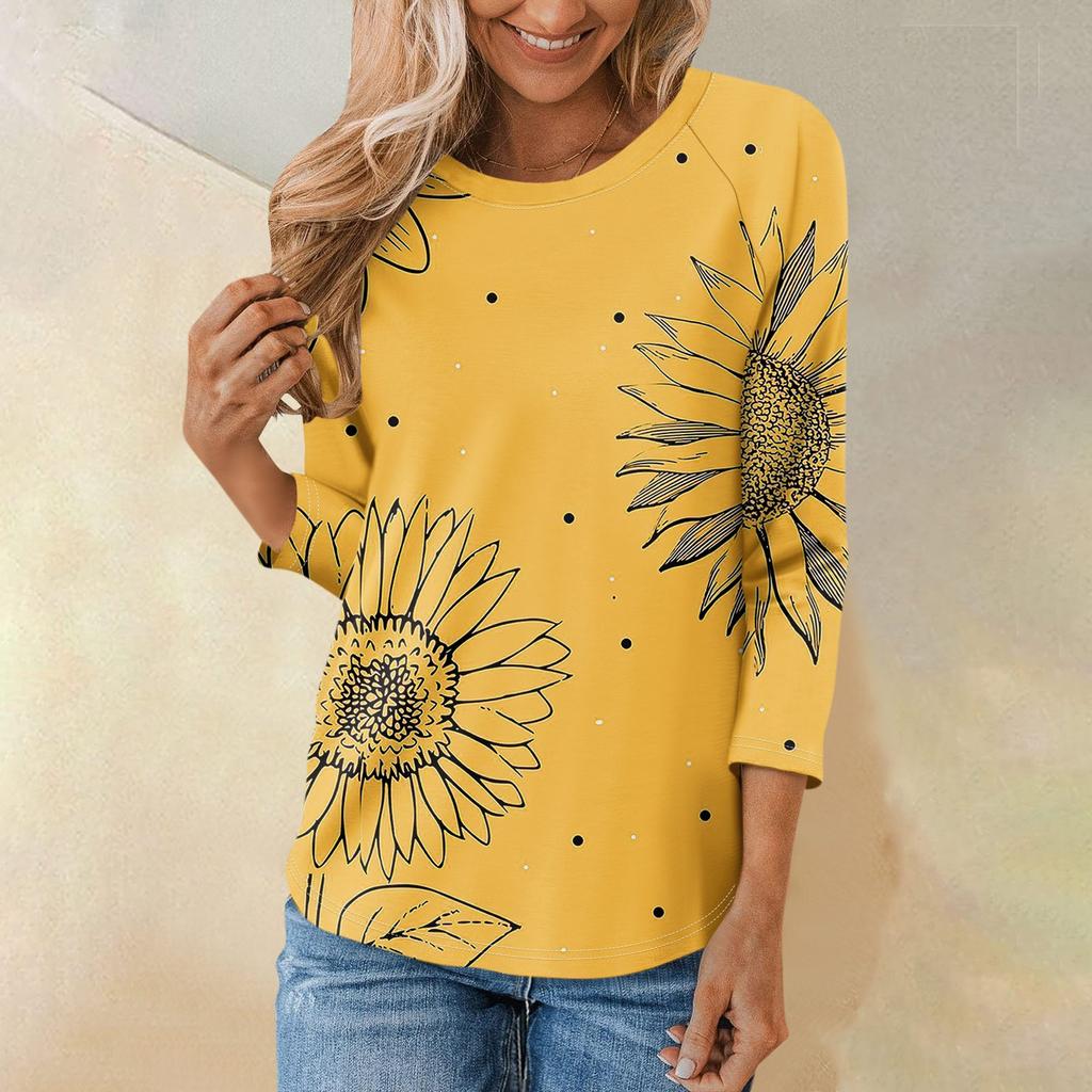 Женская модная повседневная рубашка с круглым вырезом и рукавами 3/4, свободная футболка с принтом, женский топ