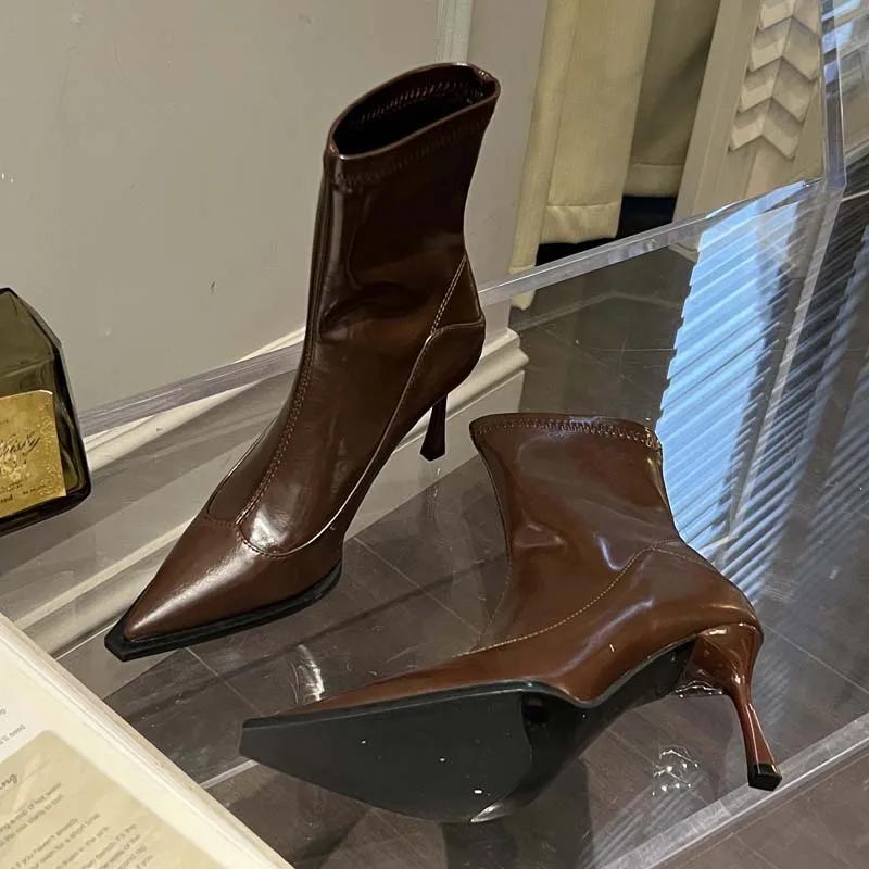 Fashion Eilyken Spring Autumn Pointed Toe Women Ankle Boots Eelgant Thin High Heel Shoes Soft Leather Ladies Short Socks Boots