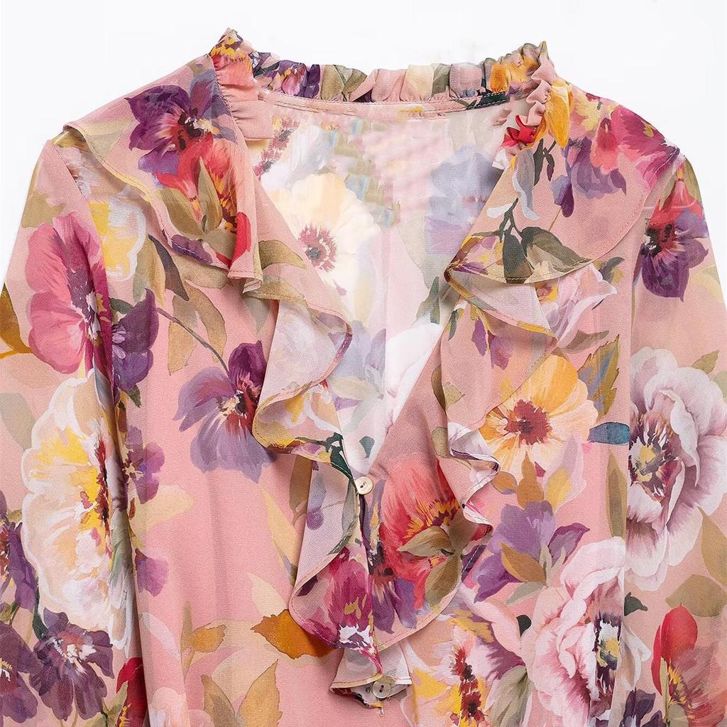 Женское платье 2025 года с цветочным принтом, V-образным вырезом, оборками и длинными рукавами