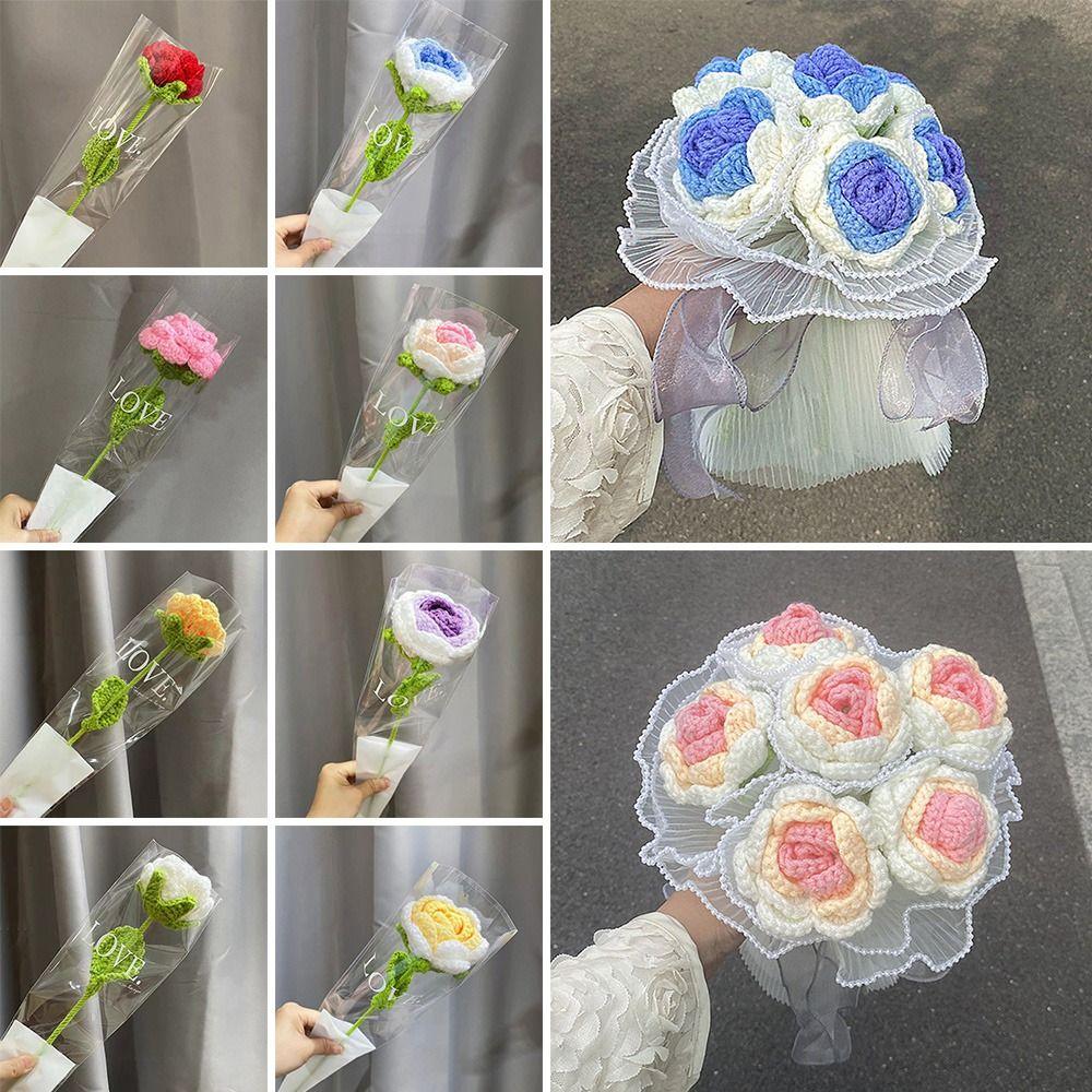 Knitting Wedding Decoration Woven Knitting Flower Fake Flowers Hand Knitting Rose Artificial Flower