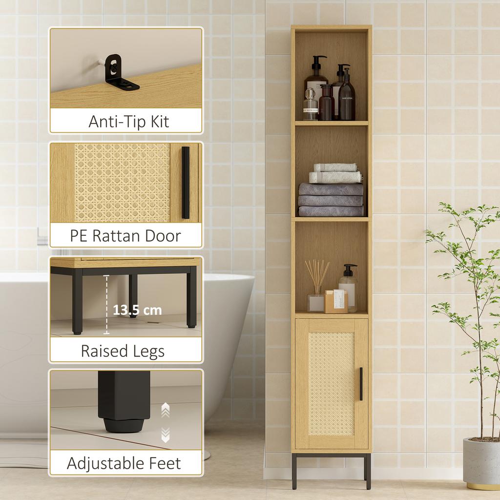 Tall Bathroom Cabinet, Narrow Bathroom Cabinet with Open Shelves and Adjustable Shelf, Natural Wood Look