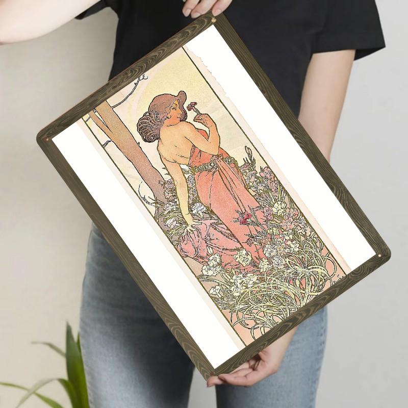 Vintage Mucha Style Flower Girl Metal Wall Art European Decorative Painting for Living Room