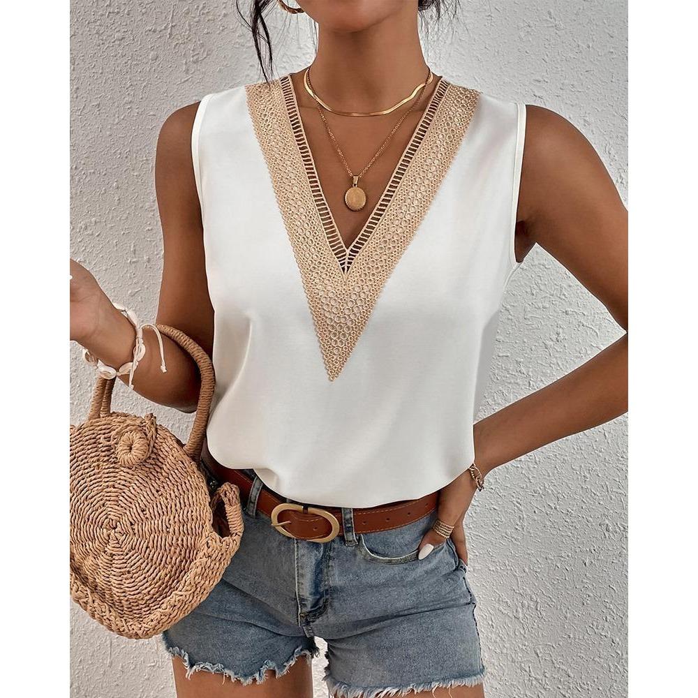 JPNTKY Women's Fashion Casual Summer Solid Color Print Sleeveless V-Neck Blouses & Shirts