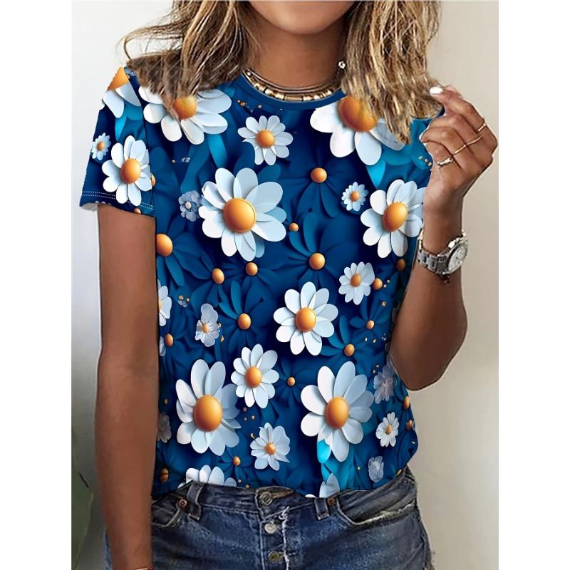 Летняя цветная футболка с круглым вырезом, повседневная, свободная, с короткими рукавами, модная женская футболка с цветочным узором