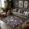 Black Floral Bohemian Rug with White Border, Colorful Pattern Non-Slip Carpet, Cozy Living Room Mat for Home Decor