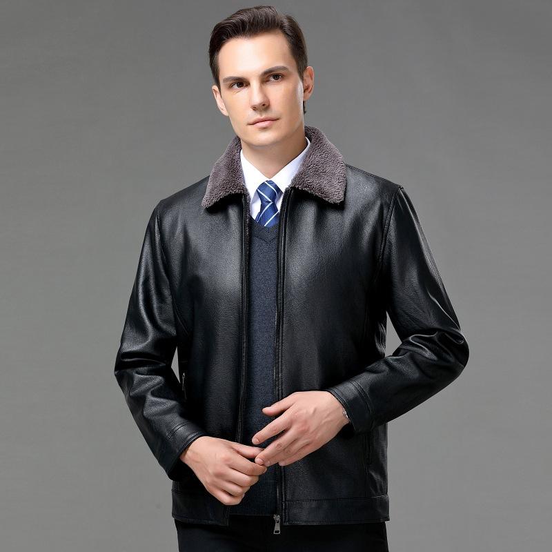 Leather Jacket Men's Autumn and Winter Plus Velvet Fur One-piece Men's Coat Lapel Plus Fat Enlarged Men's Leather Jacket