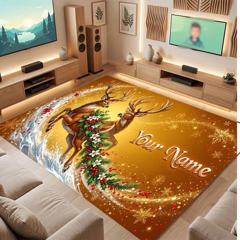 Christmas Winter Theme Crystal Velvet Floor Rug Personalized Custom Name Text Warm Carpet Home Decoration