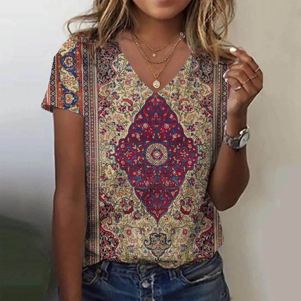 2026 Summer Breathable Comfortable Vintage 3D Floral Print V Neck Shirt Daily Home Short Sleeve T-Shirt Plus Size… More