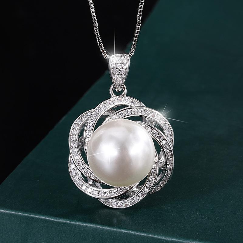 Ювелирные изделия Позолоченная медь Настоящее золото Инкрустированный перламутр Кружево Темперамент Бриллиантовая инкрустация Подвеска Ожерелье 14 мм