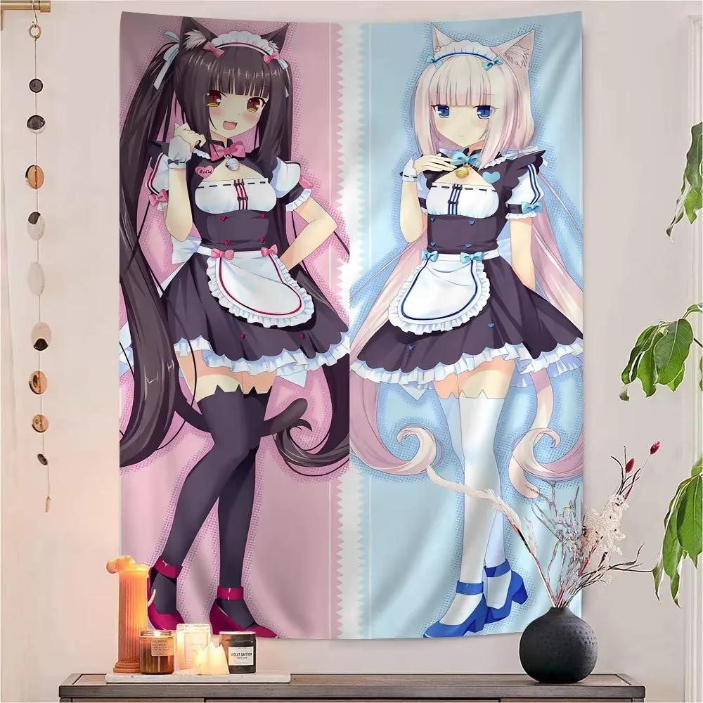 Настенный гобелен с изображением персонажей аниме Nekopara, хиппи, цветочный принт, настенное панно, эстетичный декор для комнаты, спальни, общежития, гостиной, настенное искусство