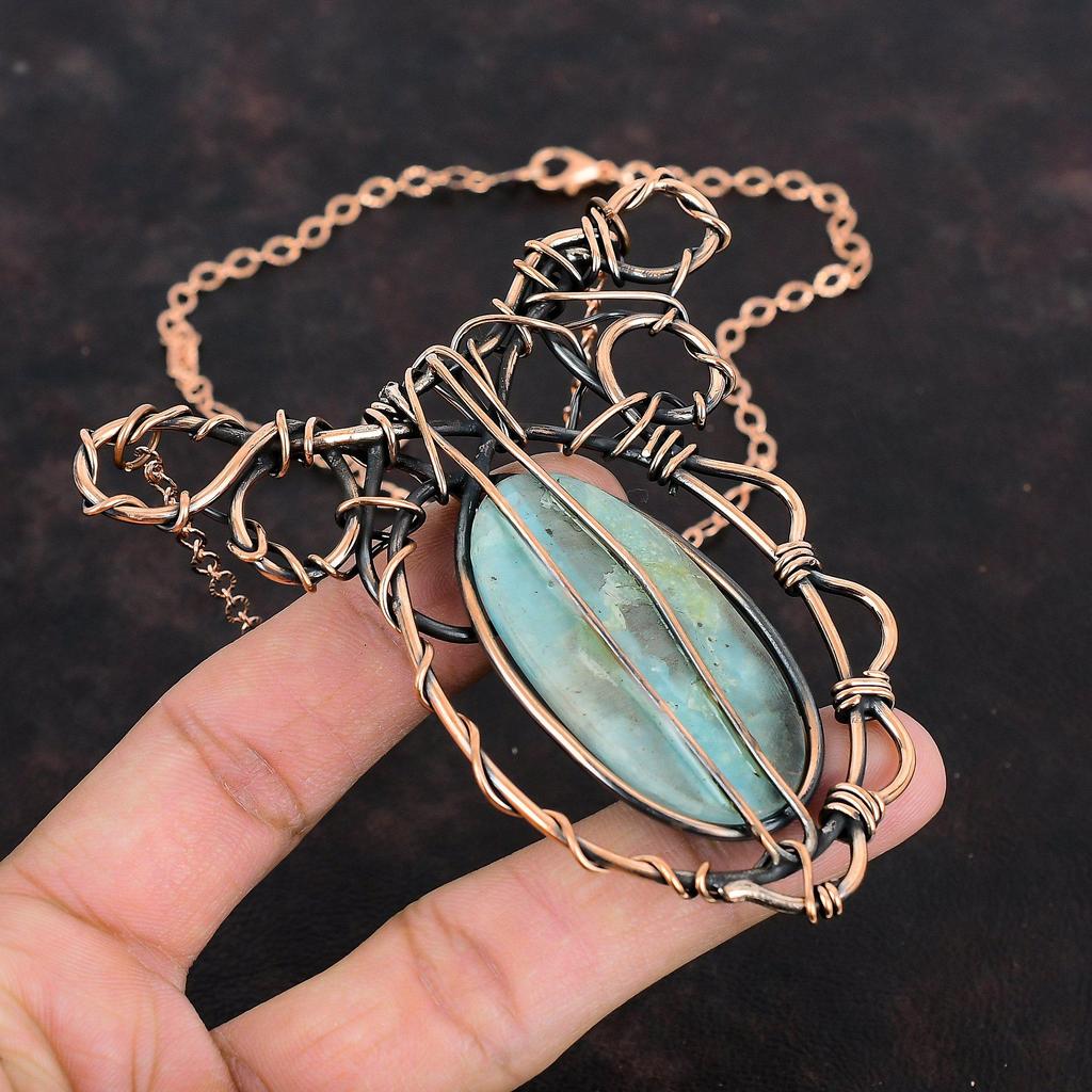 Ожерелье из гемиморфита, обернутое медной проволокой, ожерелье с драгоценным камнем, регулируемое ожерелье, медные украшения ручной работы, подарки для нее, украшения из гемиморфита