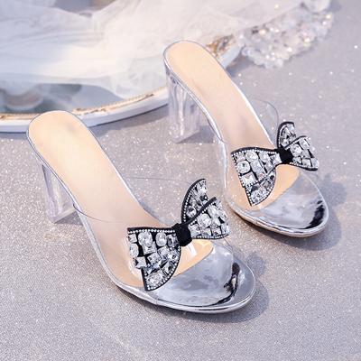 Мода 2024 Лето Новые Водные Алмазные Бантики Тапочки для Женщин Универсальные и Удобные Туфли С Открытым Носком На Высоком Каблуке Одиночные Туфли Для Женщин