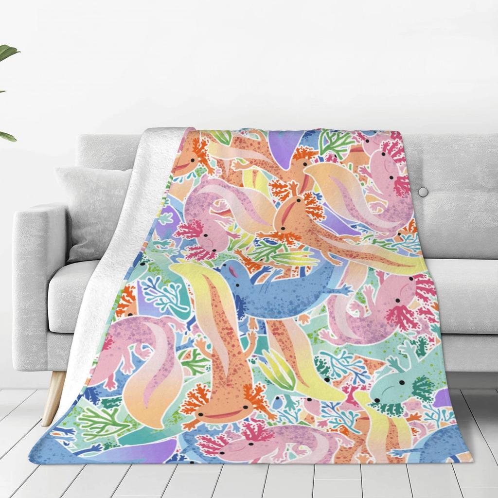 Cartoon Axolotl Blanket Kawaii Ocean Animal Throw Blankets for All Season Seaweed Aquarium Soft Flannel Sofa Blanket for Kids