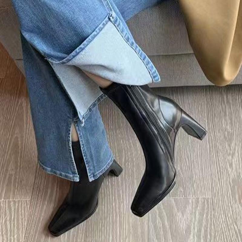 Женские кожаные ботильоны с квадратным носком и высоким каблуком, женская мода 2025 года, элегантные зимние модные зимние мотоциклетные ботинки Mujer Botas