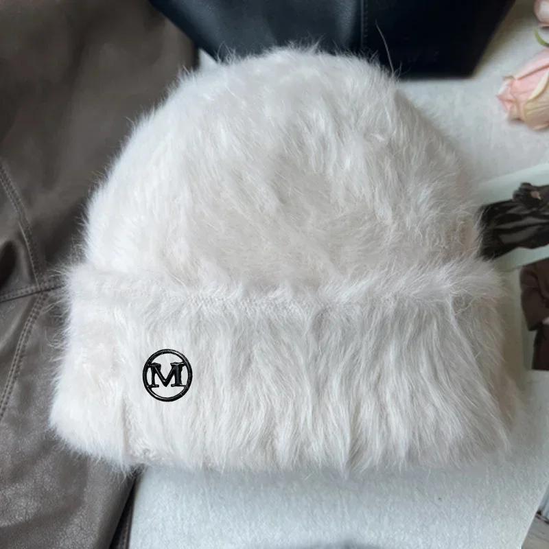 Fashion Rabbit Fur Beanies Women Soft Warm Fluffy Angola Winter Knitted Hat Female Plush Windproof Bonnet Skullies Cap