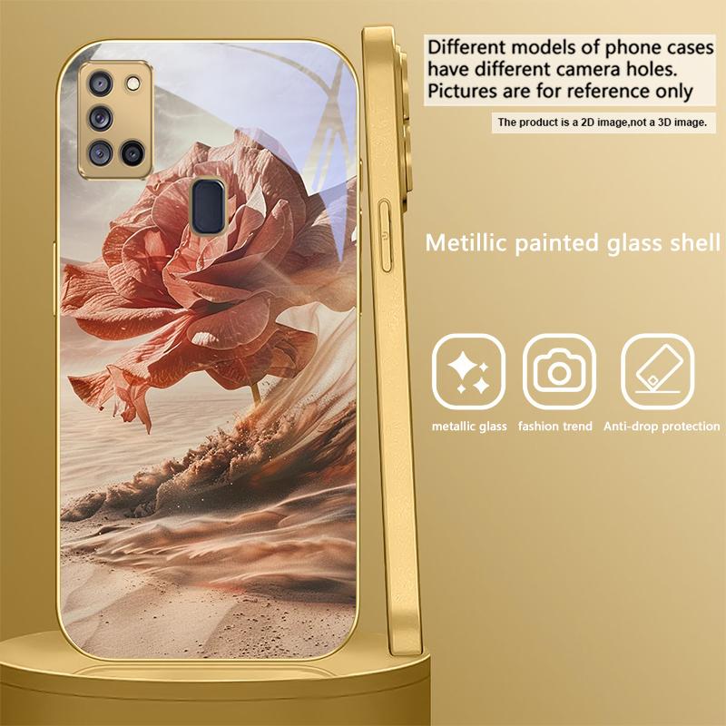 Vintage Desert Pink Rose For Samsung A 31 32 A33 A34 35 14 A15 13 16 25 26 50 52 53 54 55 56 70 71 72 73 Golden glass phone case