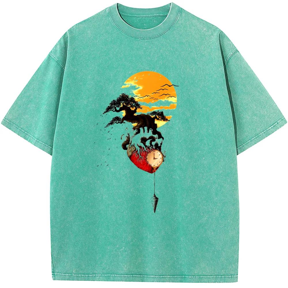 Время Заката Гора Мужская Женская Выстиранная Футболка Хлопок Смешная Свободная Отбеленная Футболка Ретро Отбеленная Футболка Топы Футболка