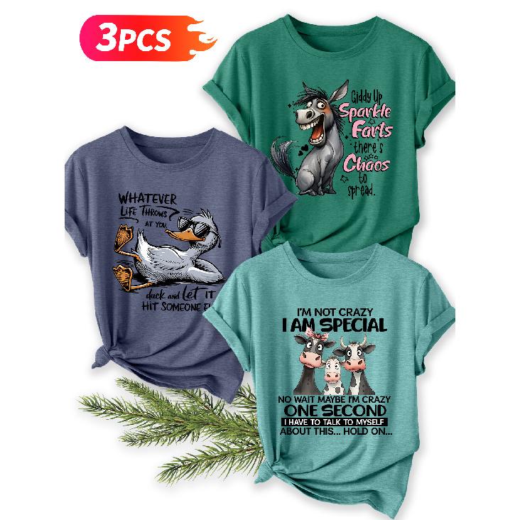 Three-piece set Women's Summer Clothing Funny donkey, duck, cow, and quirky slogan print round-neck short-sleeve plus-size friendly T Shirt Funny and