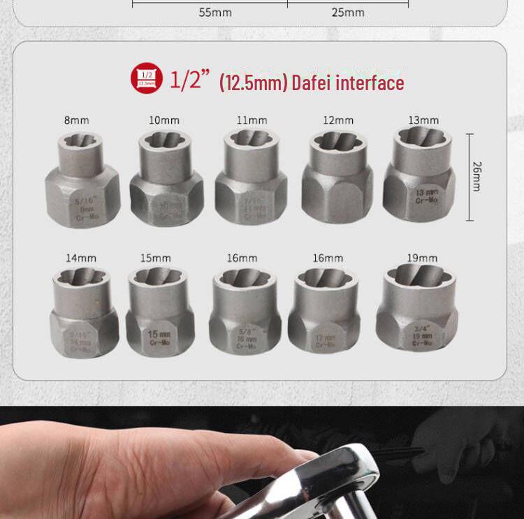 Набор из 10 экстракторов гаек с квадратным приводом 1/2" и инструментом для снятия скользящих гаек для пневматической пушки и электрического гаечного ключа