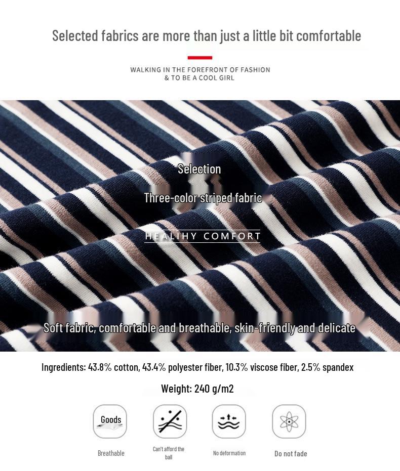 Women's Striped Round Neck Long Sleeve T-Shirt - Casual Loose Fit, Perfect for Spring and Autumn, Korean and Japanese Style.