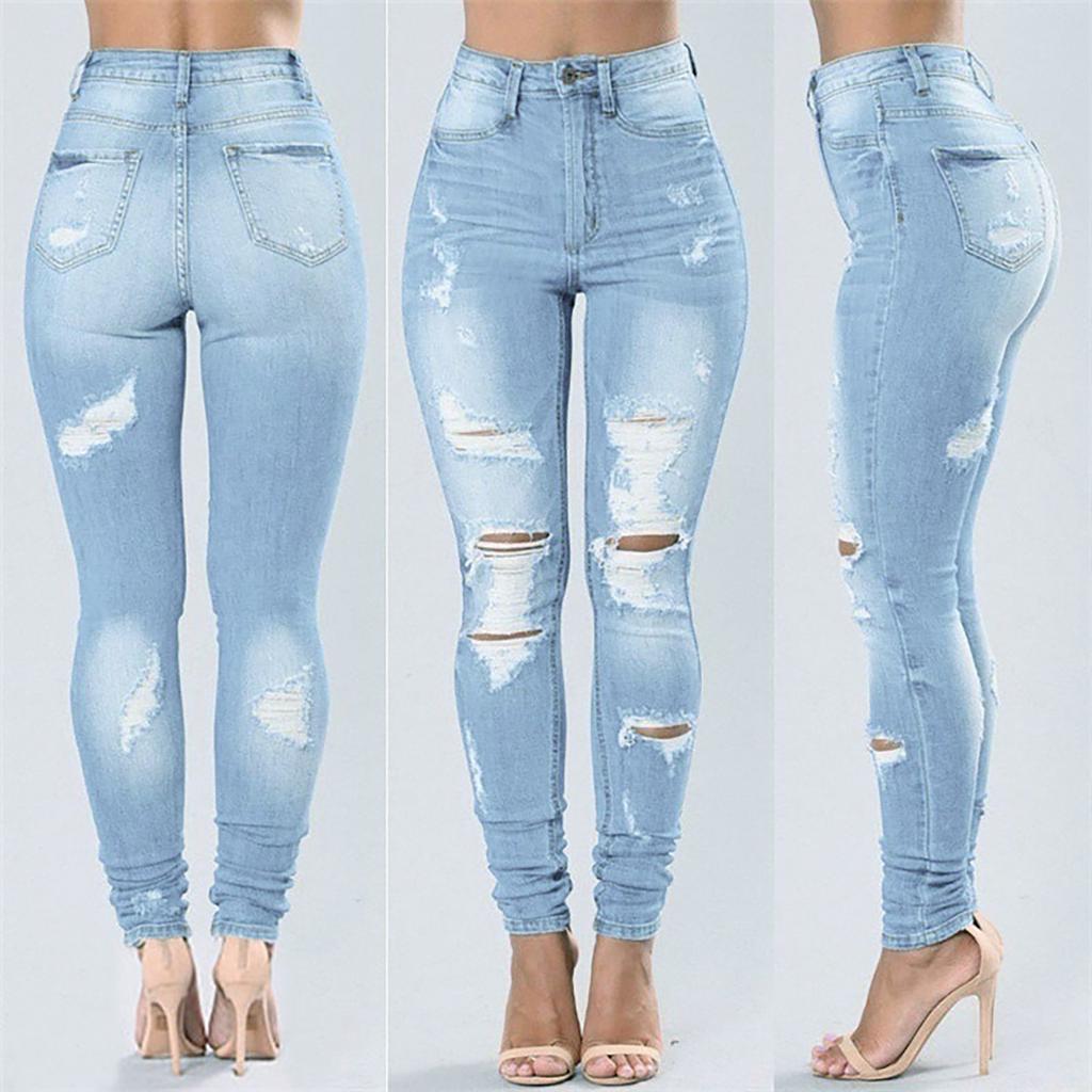 Women Fashion  Jeans Fix Sexy Print Ripped Jeans Plus Size Trousers