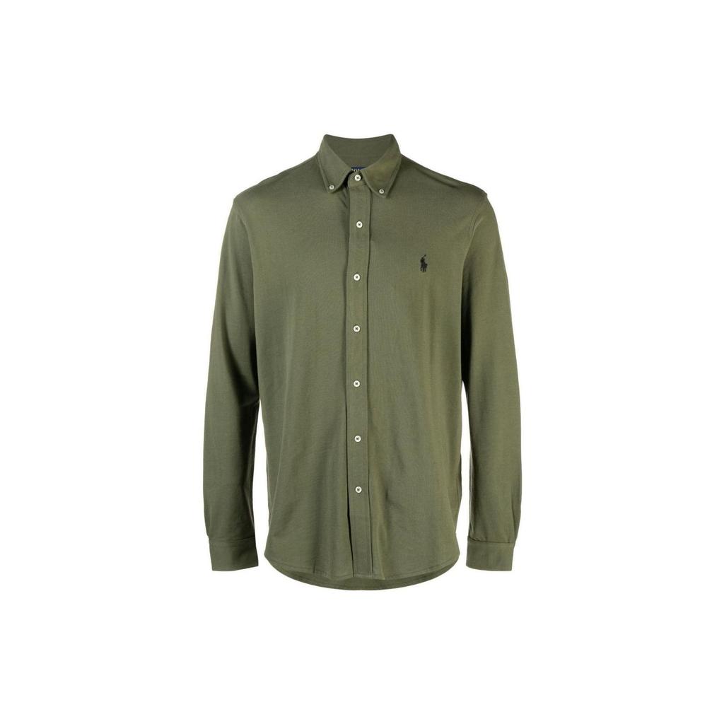 Polo Ralph Lauren ОС22 Однотонная рубашка с вышитым логотипом, на пуговицах, с длинным рукавом, мужская, зеленая 710654408-092
