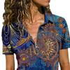 Women Shirt Ethnic Print Zipper Summer All Match Slim-fitting T-shirt Blouse for Travel