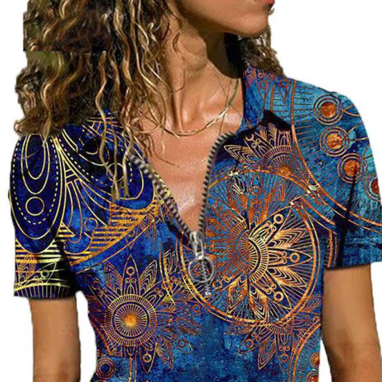 Women Shirt Ethnic Print Zipper Summer All Match Slim-fitting T-shirt Blouse for Travel