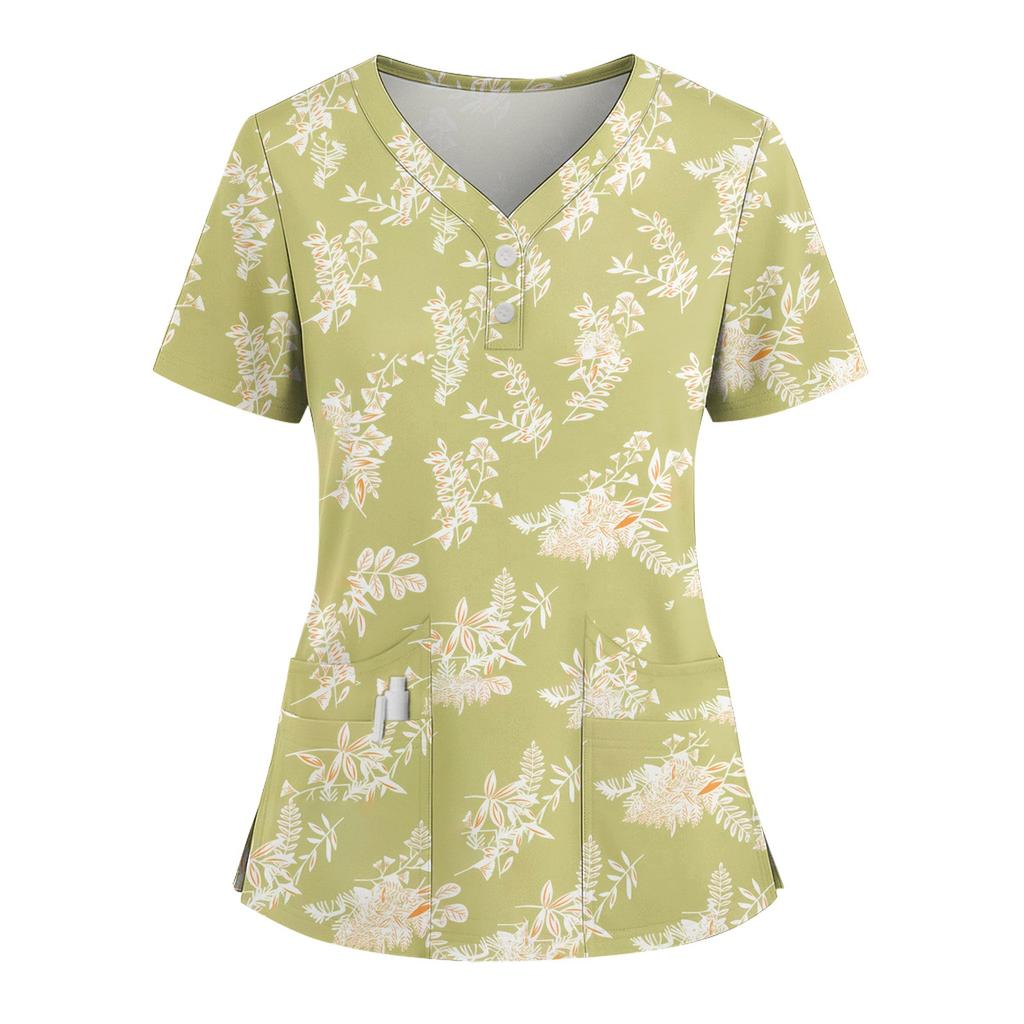 Женская свободная футболка с коротким рукавом, модным принтом цветов и растений, V-образным вырезом, застегивающаяся на пуговицы, с боковым разрезом