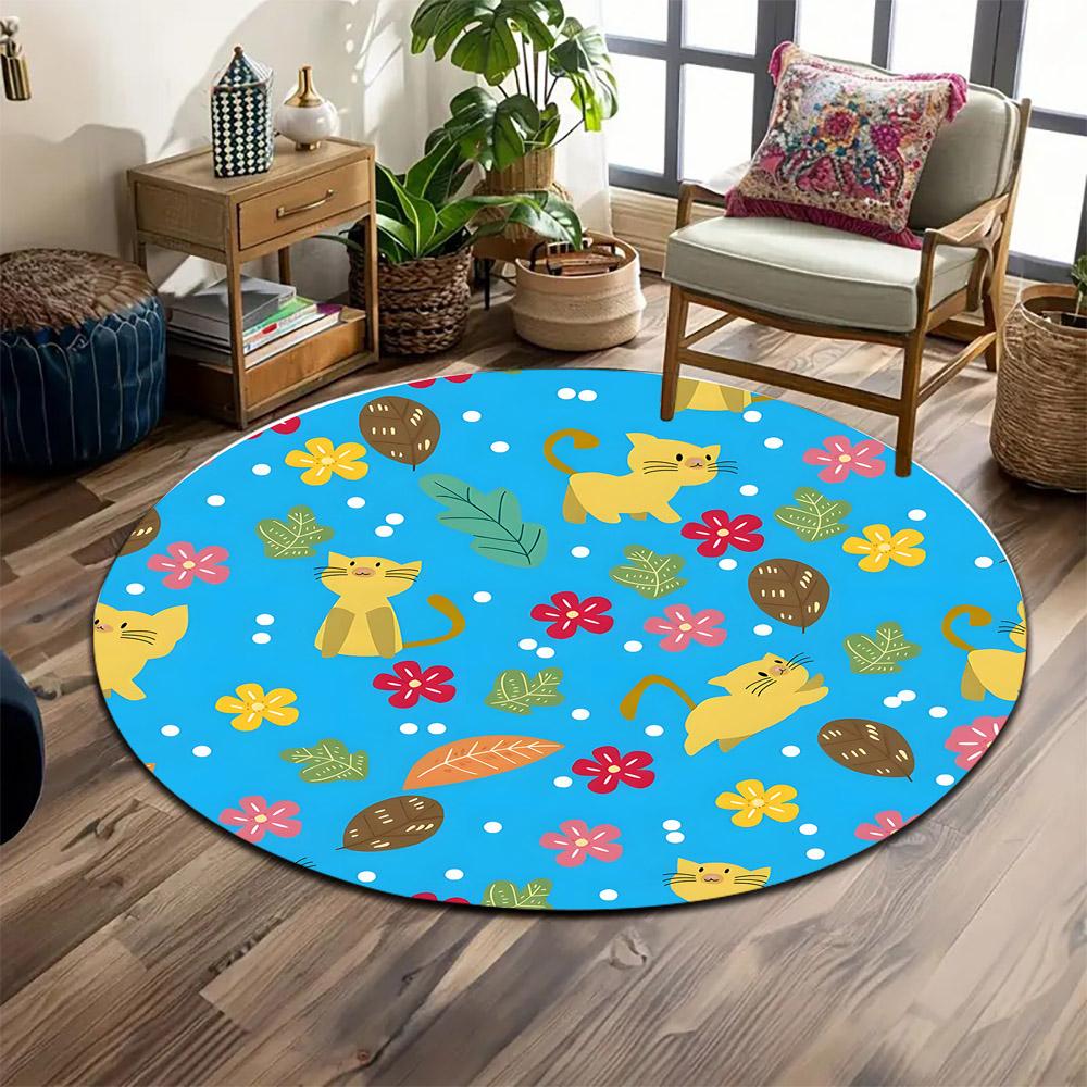 Colorful Cats and Flowers on Blue Rug Print round rug, living room, bedroom, playroom carpet, non slip floor mat, gift