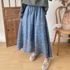 Vintage Print Elastic Waist All Match Women Skirts Autumn Blue Loose Tie Skirts