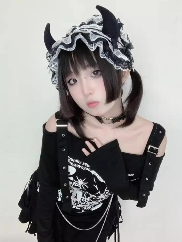 Готический панк Y2k принтованный топ с длинным рукавом горячая девушка эстетика открытые плечи сексуальная свободная футболка японский шнурок повседневная одежда осень