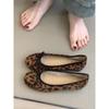 Genuine Leather Leopard Print Bow Slip-On Flat Shoes, Round Toe Evening Pumps for Women
