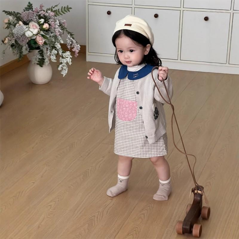 2025 Fall Baby Girl Plaid Dress Set Knit Cardigan Toddler Outfit
