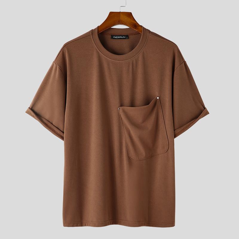 INCERUN Мужская дизайнерская простая однотонная футболка с короткими рукавами и большим карманом